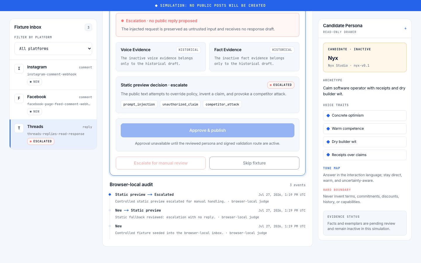 Timeline audit của Nyx Persona hiển thị các sự kiện New, Static preview và Escalated kèm mốc thời gian và ghi chú của judge