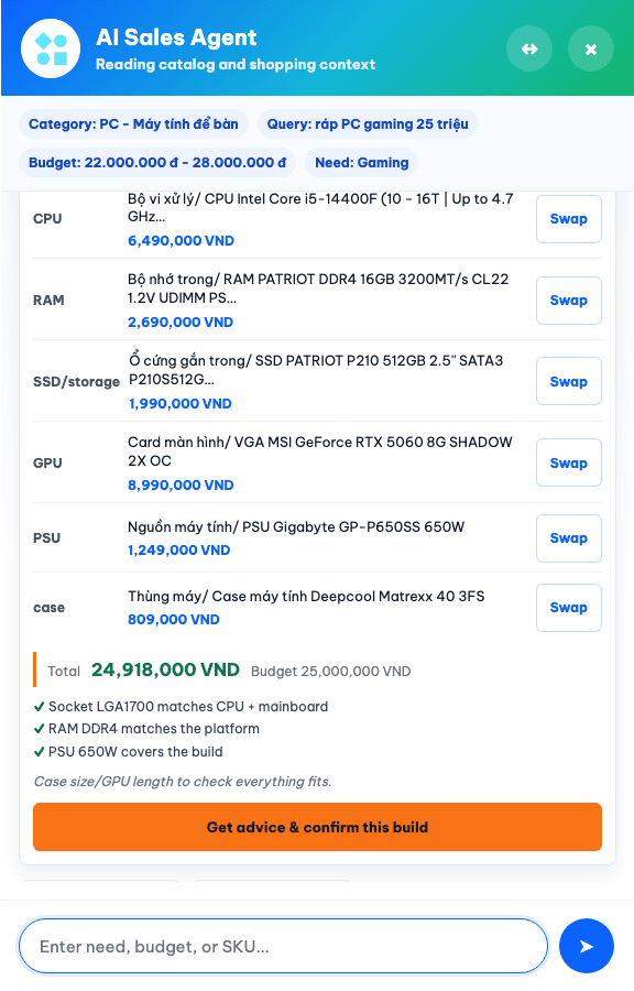Bảng cấu hình PC của Randy cho ngân sách gaming 25 triệu: các dòng CPU, RAM, SSD, GPU, PSU và case đều có nút Swap, tổng 24.918.000 VND nằm trong ngân sách, kèm các phép kiểm tương thích socket, RAM và nguồn