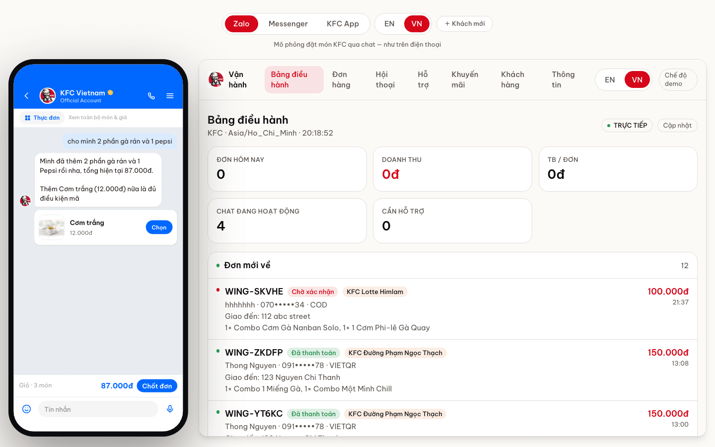 Một lượt chat tiếng Việt trong Wingman với câu trả lời của agent, tổng giỏ hàng đang chạy và sidebar vận hành